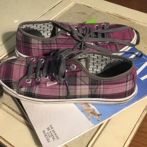 Purple and gray plaid Vans